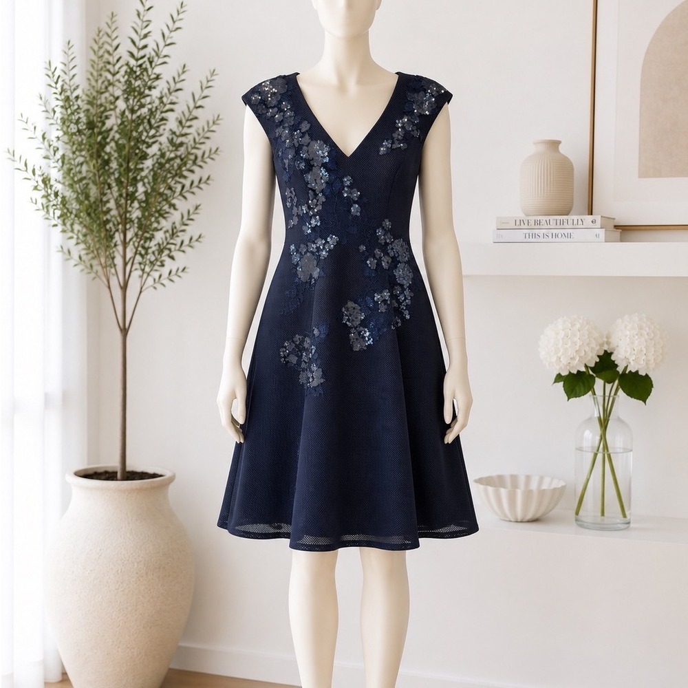 Teri Jon Dress Womens 10 Rickie Freeman Sequin Flare Navy Blue Evening Elegant